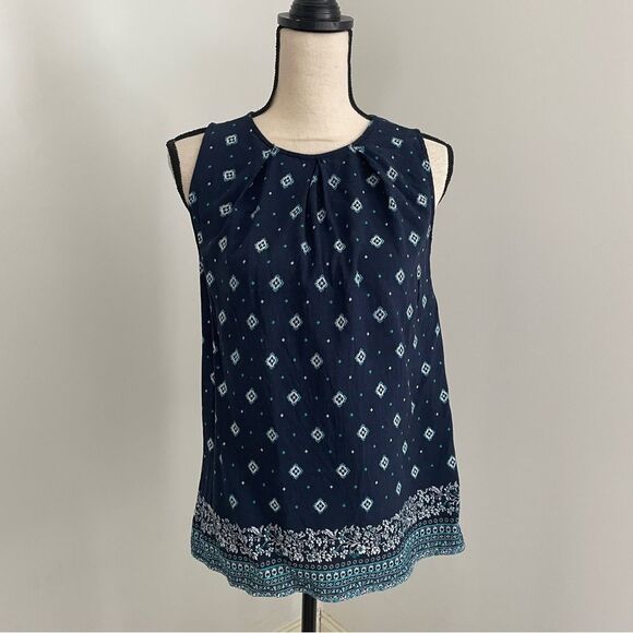 Fun 2 Fun Sleeveless Picnic Print Navy Blue Blouse Medium Coastal Cowgirl Boho - Picture 1 of 9